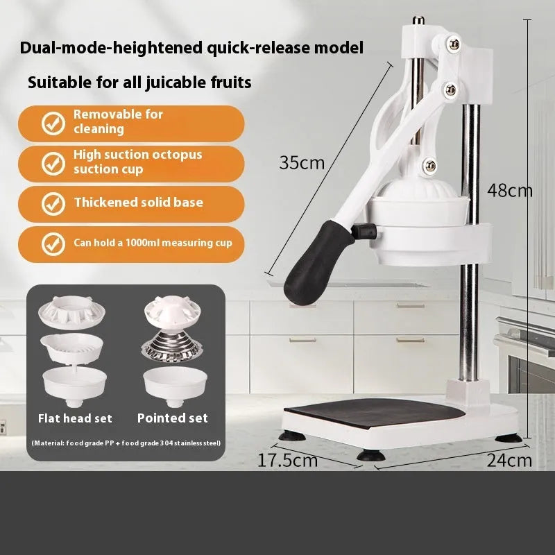 Manual stainless steel and nylon orange juicer with 480cm size on a kitchen counter.