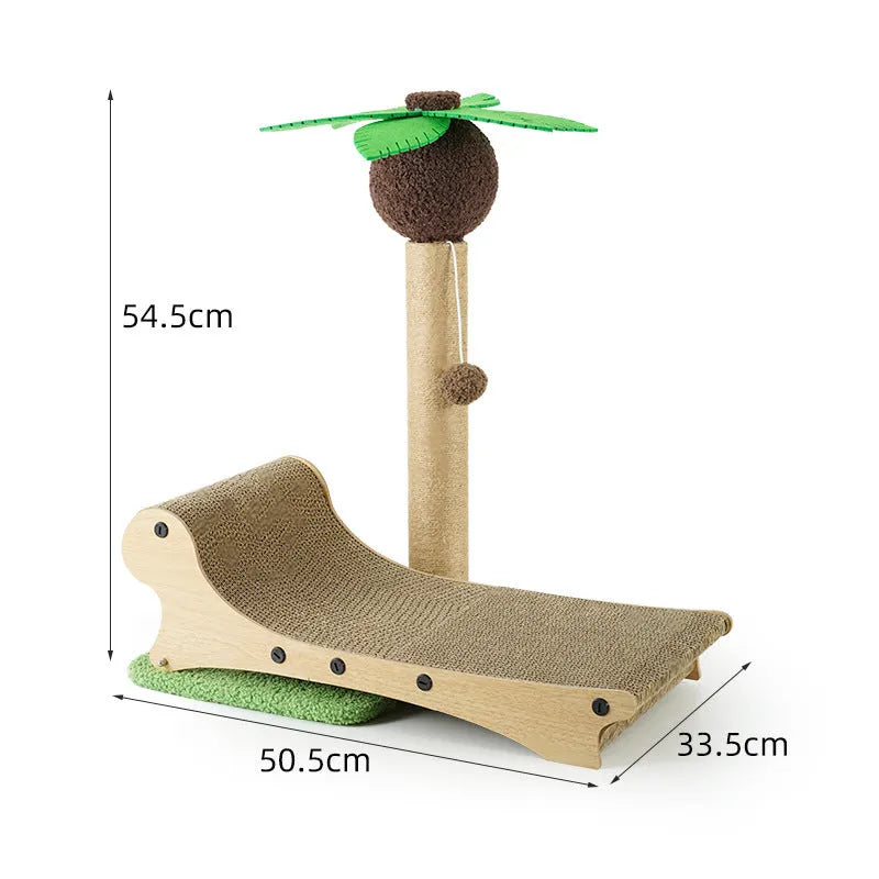 Wooden beach chair cat bed with integrated hemp mat scratch board and chamfered legs.