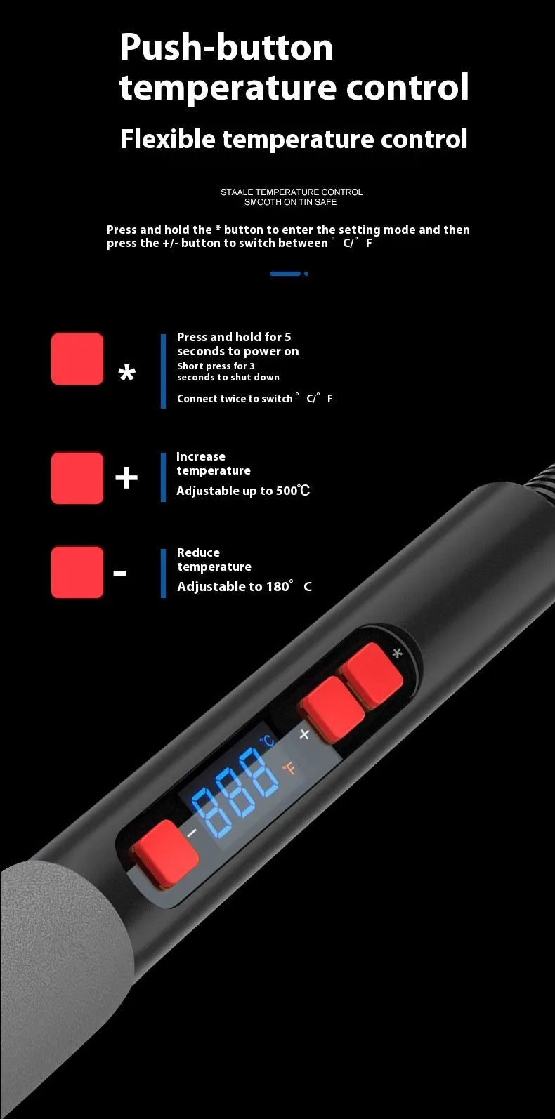 Grey 90W electric soldering iron with temperature control display and included accessories