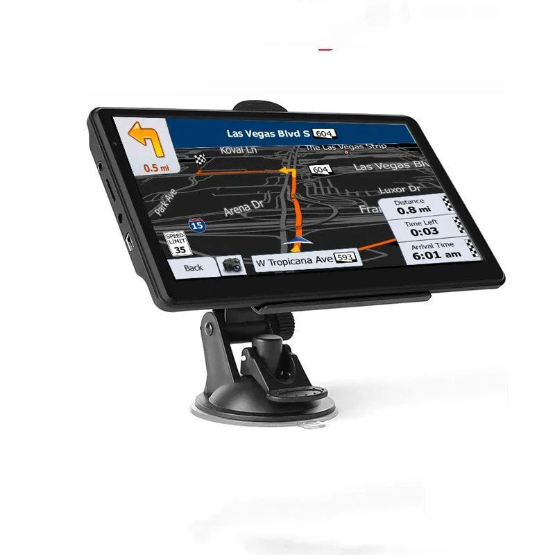 7 inch car GPS navigation device with touch screen displayed on a dashboard mount