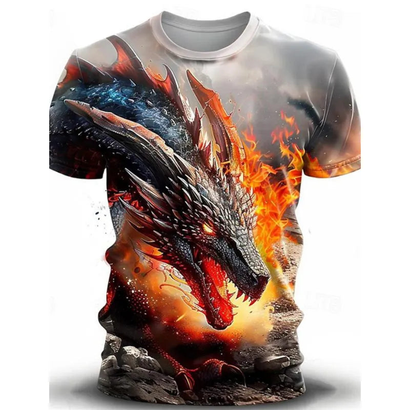 Men's grey t-shirt with a large, detailed 3D wind dragon graphic print on the front.