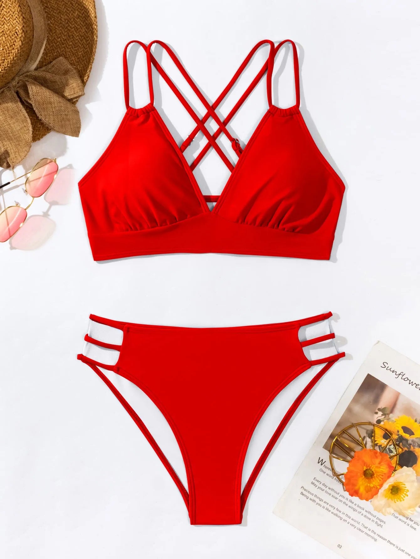 Women's V-neck halter bikini swimsuit in nylon fabric on mannequin