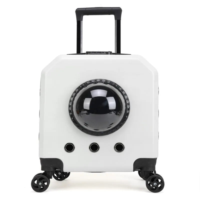 Hard-sided PVC pet flight trolley case for cats in burgundy colour with wheels