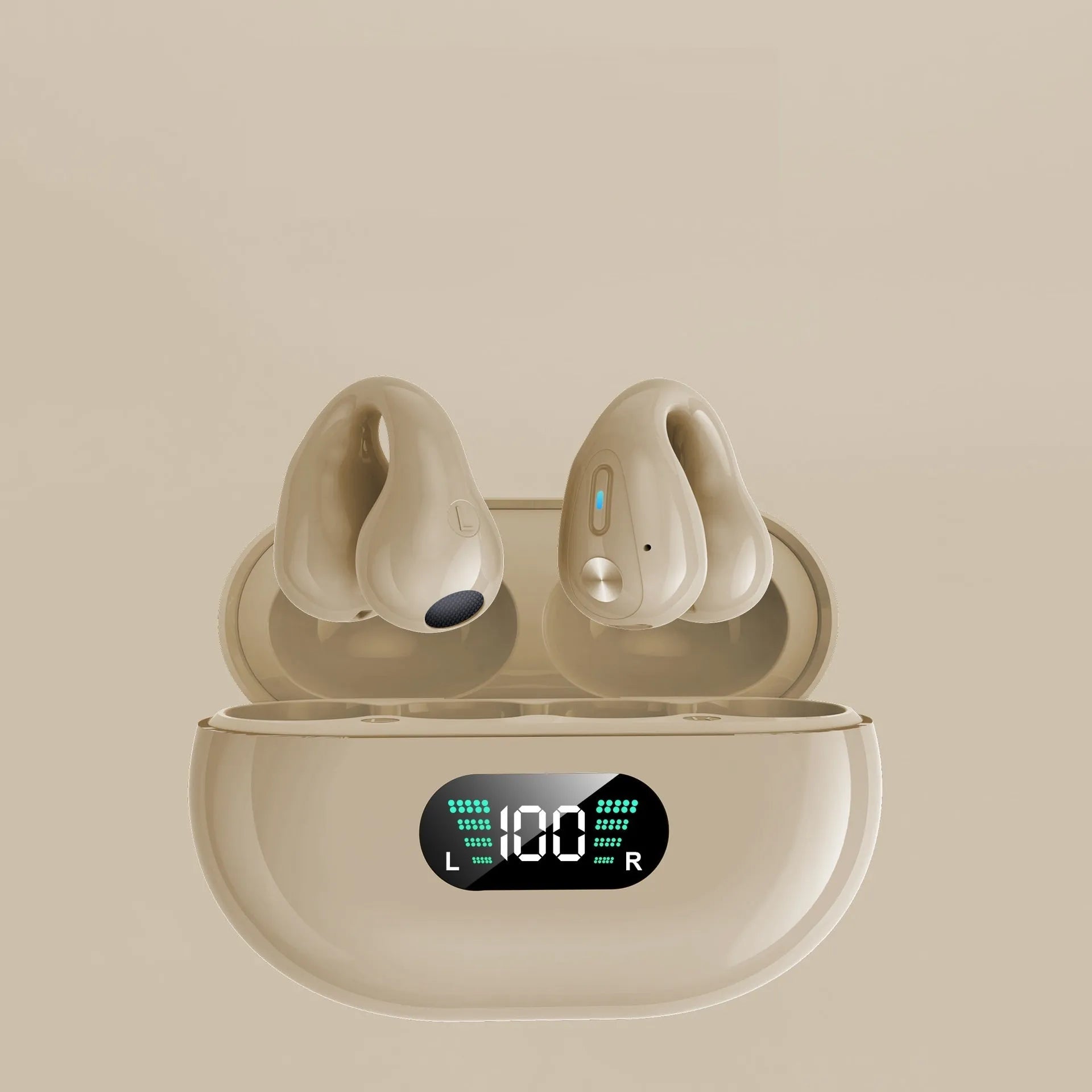 Bone conduction Bluetooth headset clip in black, white, or khaki colours with ear clip design