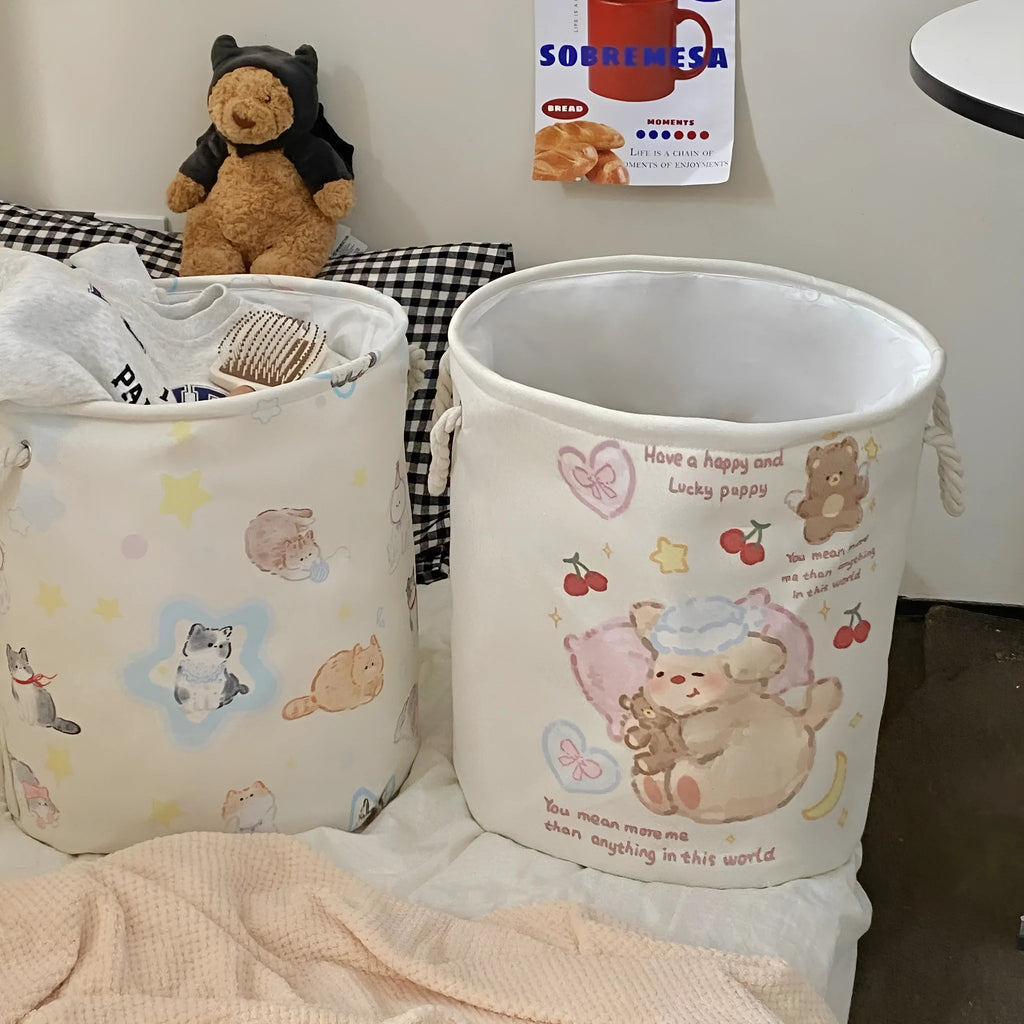 Foldable cotton cloth laundry basket in good night bear colour pattern showing large capacity design