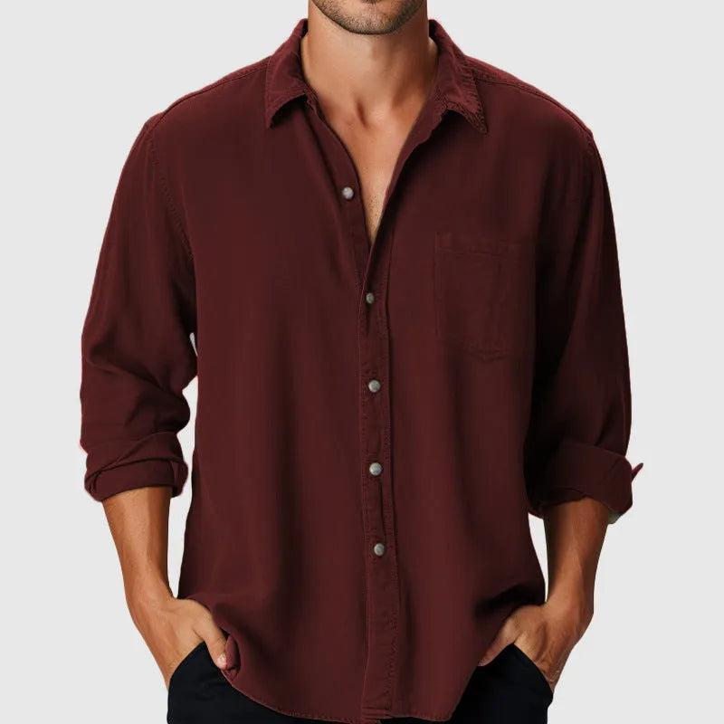 Men's casual long sleeve shirt with stand collar in loose fit polyester fabric