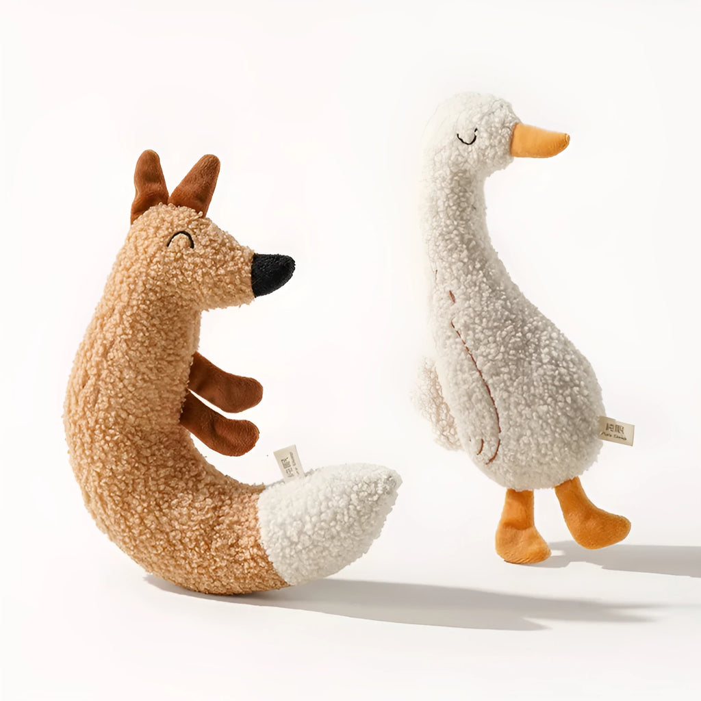 Cartoon fox and duckling plush dog toys with bite-resistant teddy velvet fabric