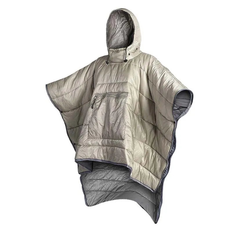 Army Green outdoor cloak sleeping bag with 200x140cm dimensions shown in convertible format