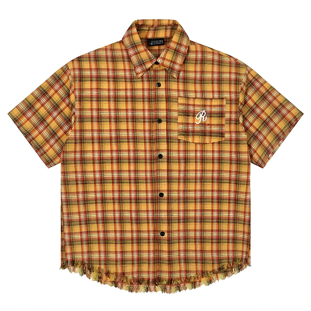 Yellow grid plaid short sleeve shirt with embroidery pocket detail in loose fit