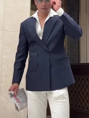 Men's classic stripe double breasted blazer on a hanger, showing regular fit and length.