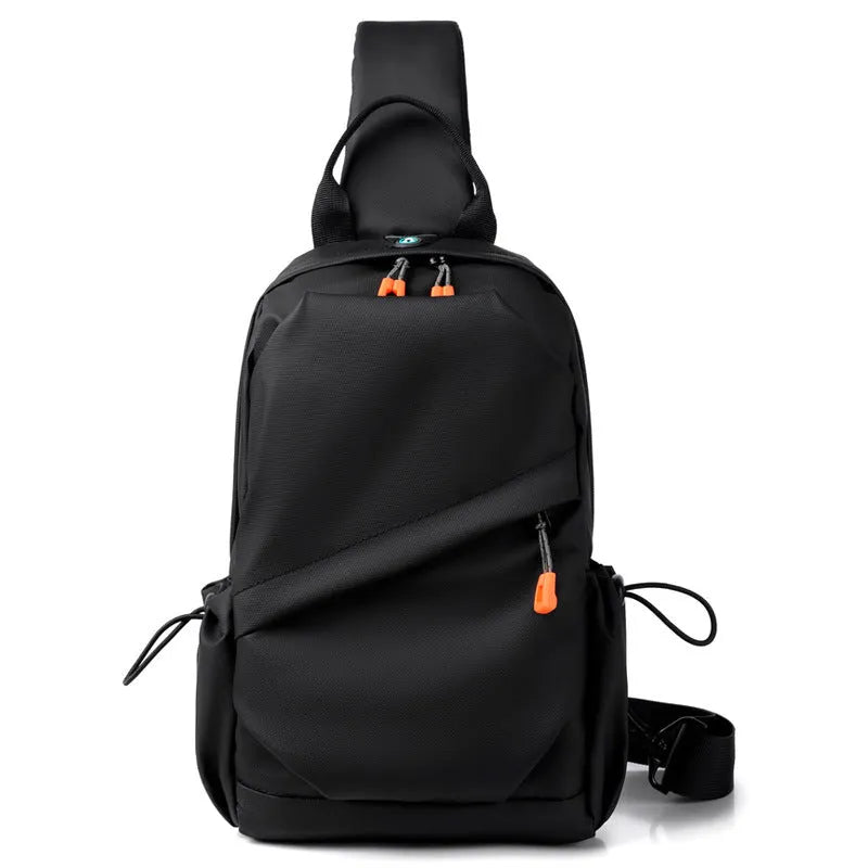 Men's black casual crossbody bag made from waterproof polyester with an adjustable shoulder strap.