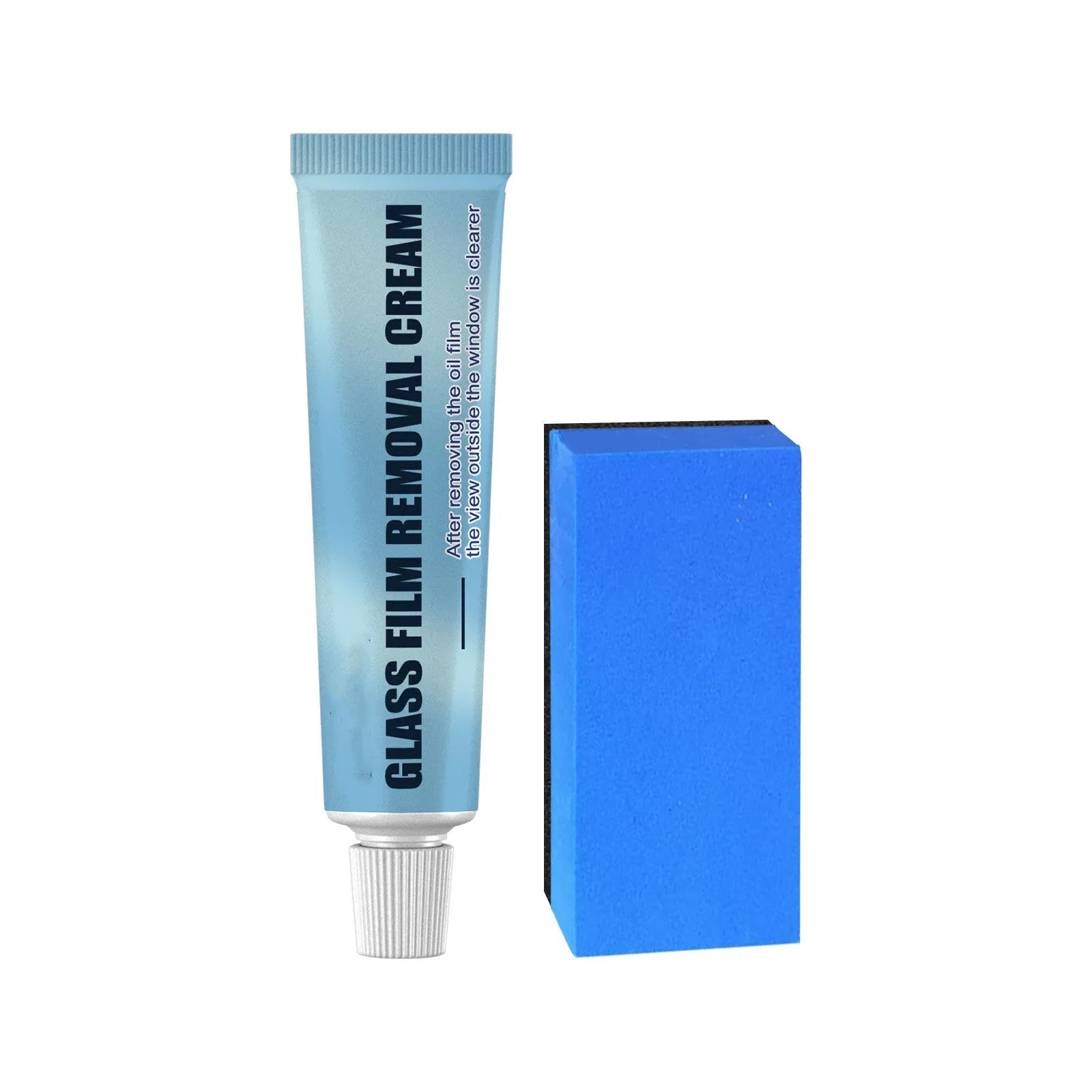 Blue car glass oil film remover tube and soft sponge brush on a car windscreen.
