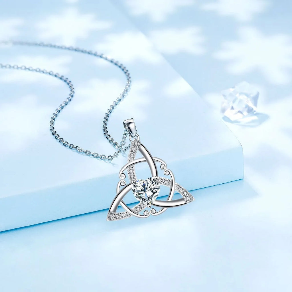 Copper Celtic knot necklace with geometric pendant in blue colour option, electroplated finish
