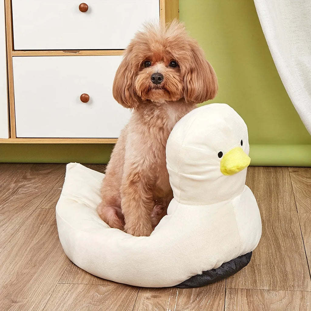 Blue duck-shaped pet bed sofa for small dogs and cats on white background