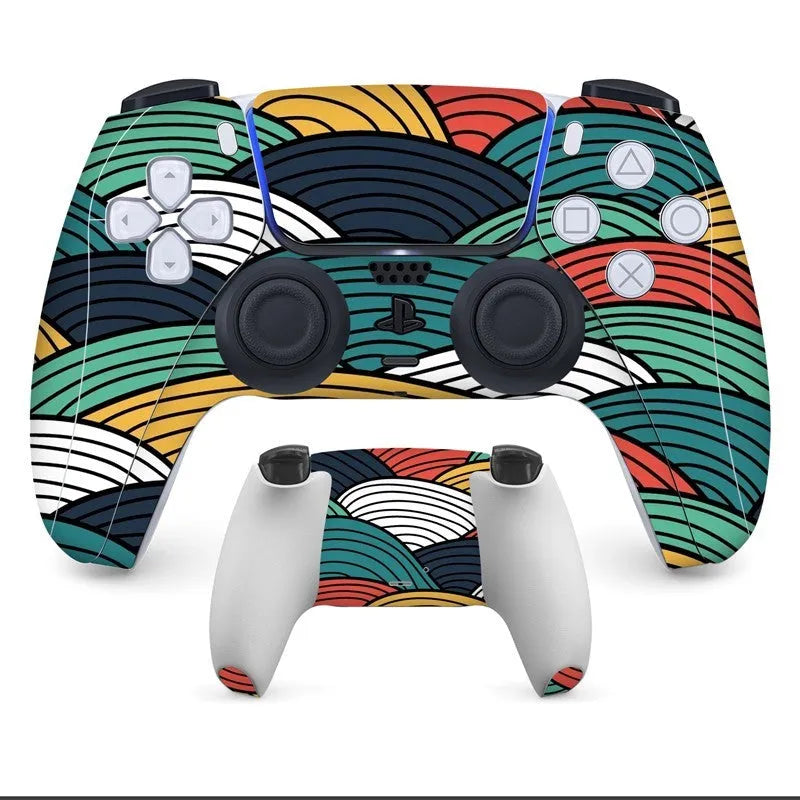 PS5 controller with anti-scratch handle stickers applied, showing micro frosted PVC texture.