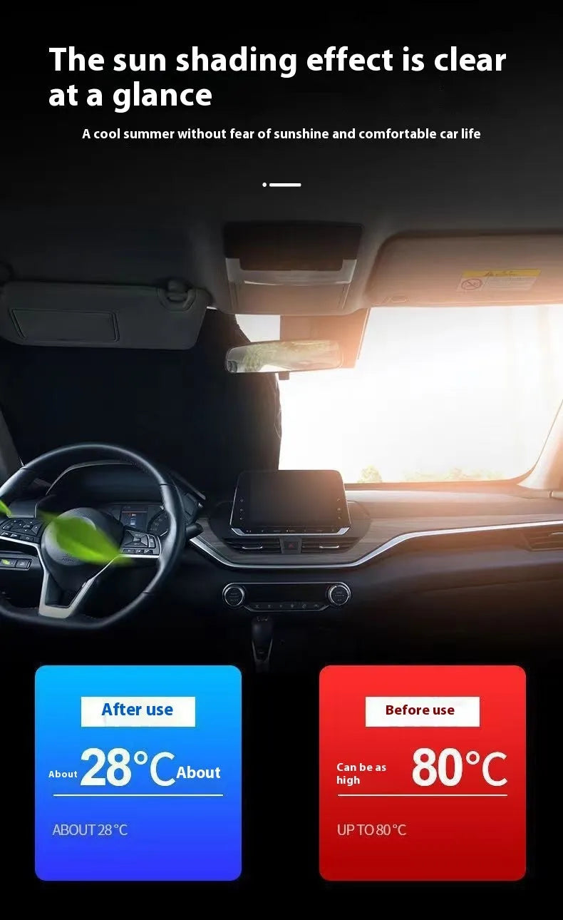 Aluminium foil car sunshade showing reflective silver surface with size dimensions displayed