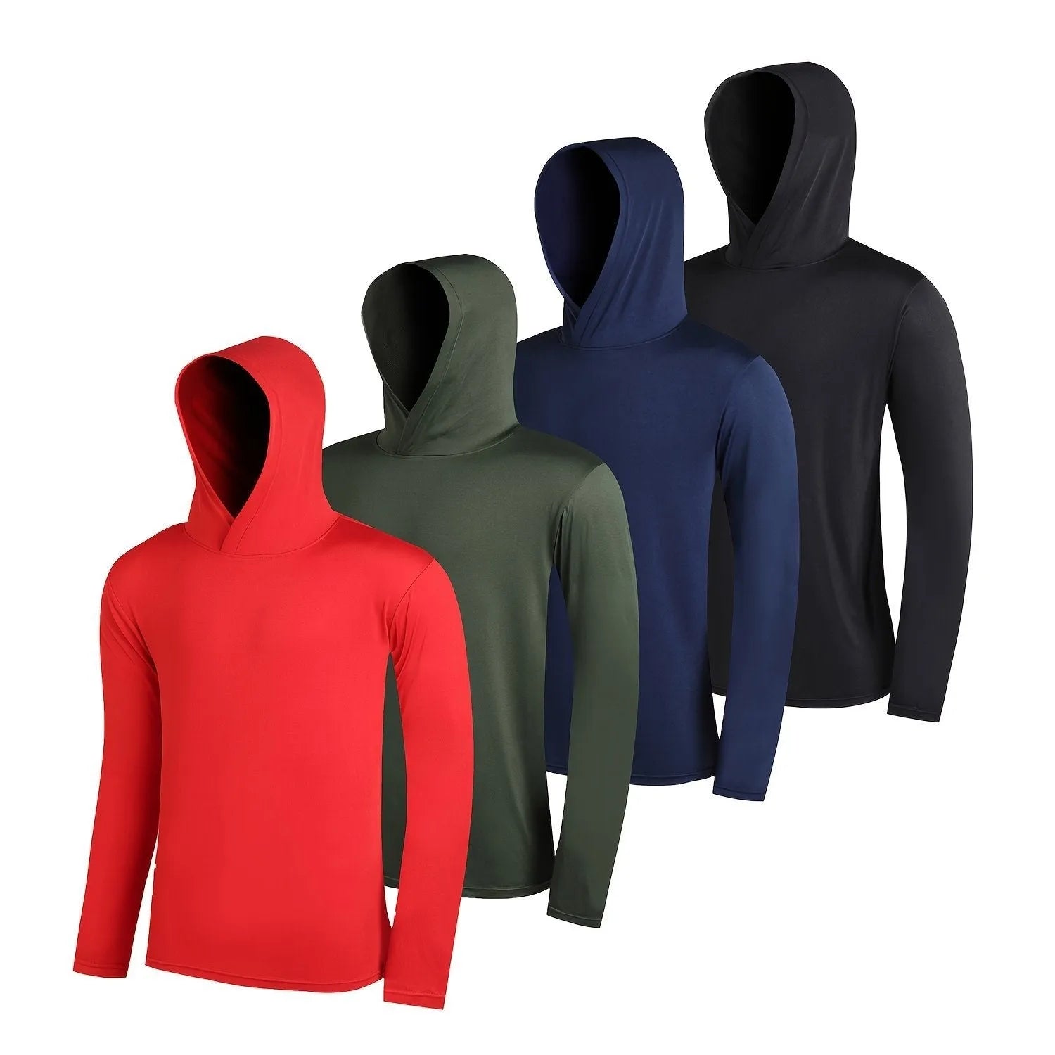 Set of four men's lightweight polyester hoodies on hangers, showing colour options and basic design.