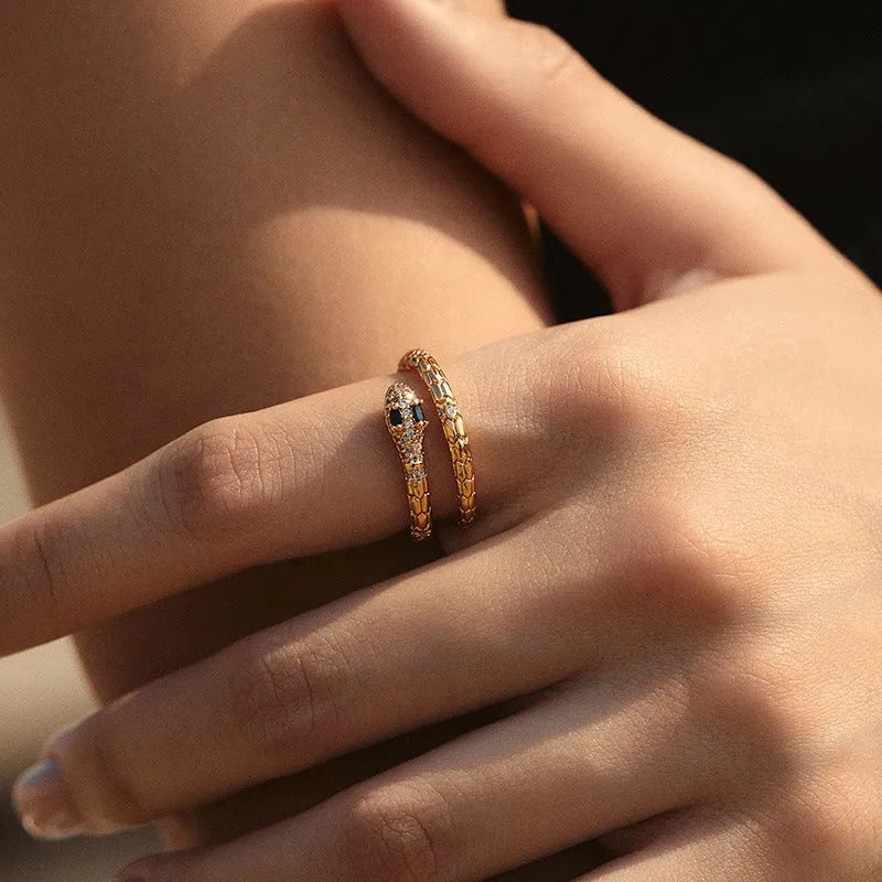 Adjustable copper snake ring with open mouth design and 18K gold colour retention