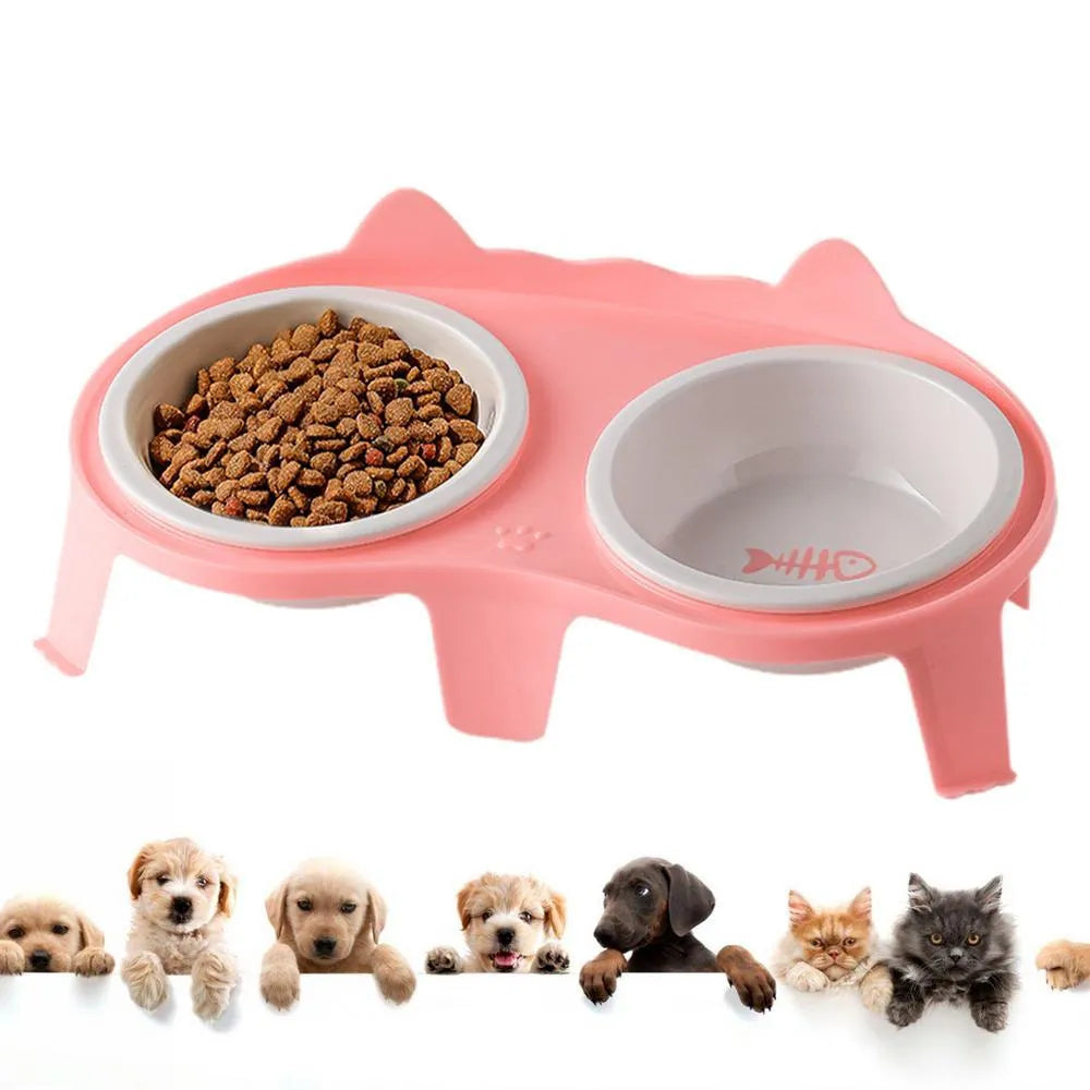 Ceramic cat food and water bowl set on elevated tilted ABS plastic stand in blue colour