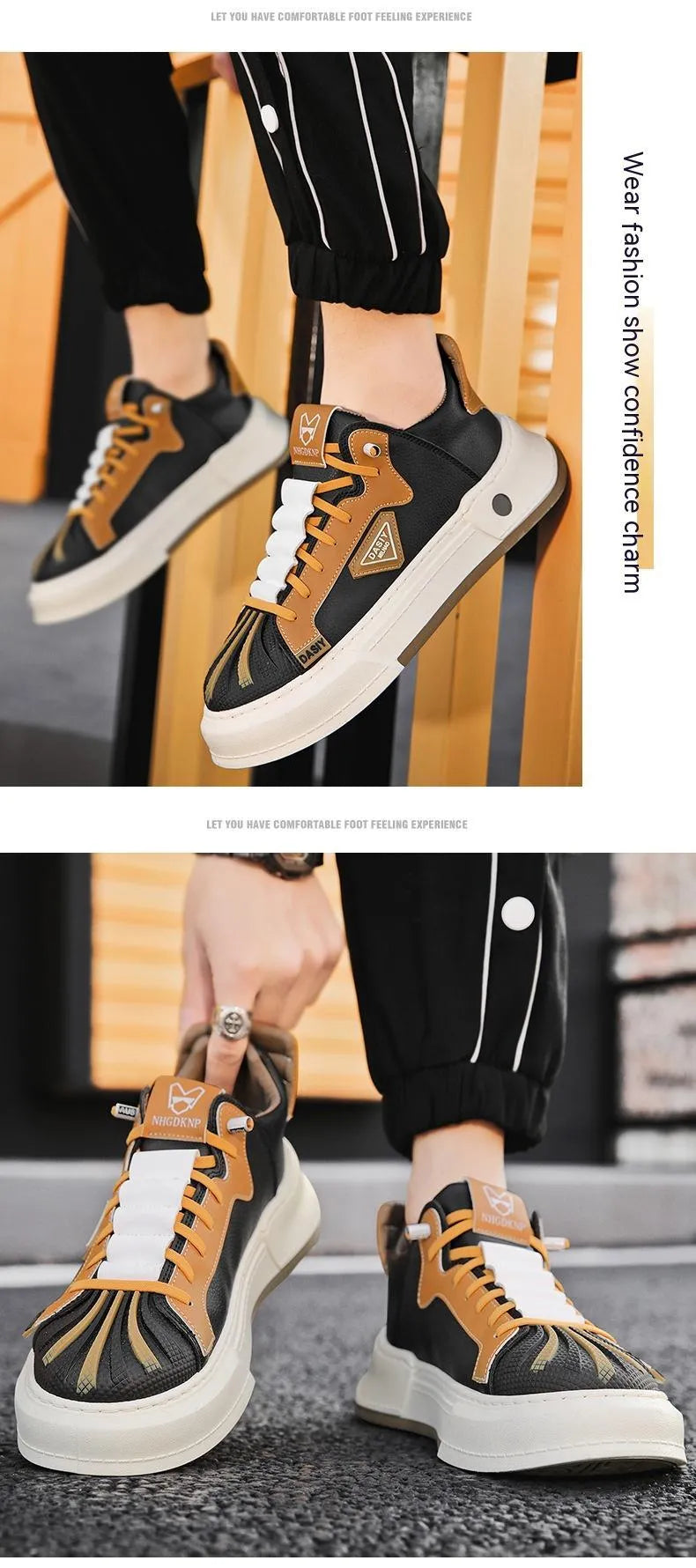 Men's beige low-top casual sneakers with elastic band and leather stitch details on microfiber upper.