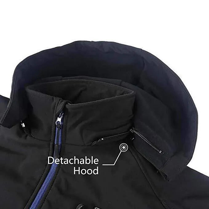 Black USB heated waterproof winter coat for men with straight hem and zipper pockets