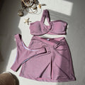 Women's one-shoulder tube top three-piece swimsuit set in glossy polyester with matching skirt