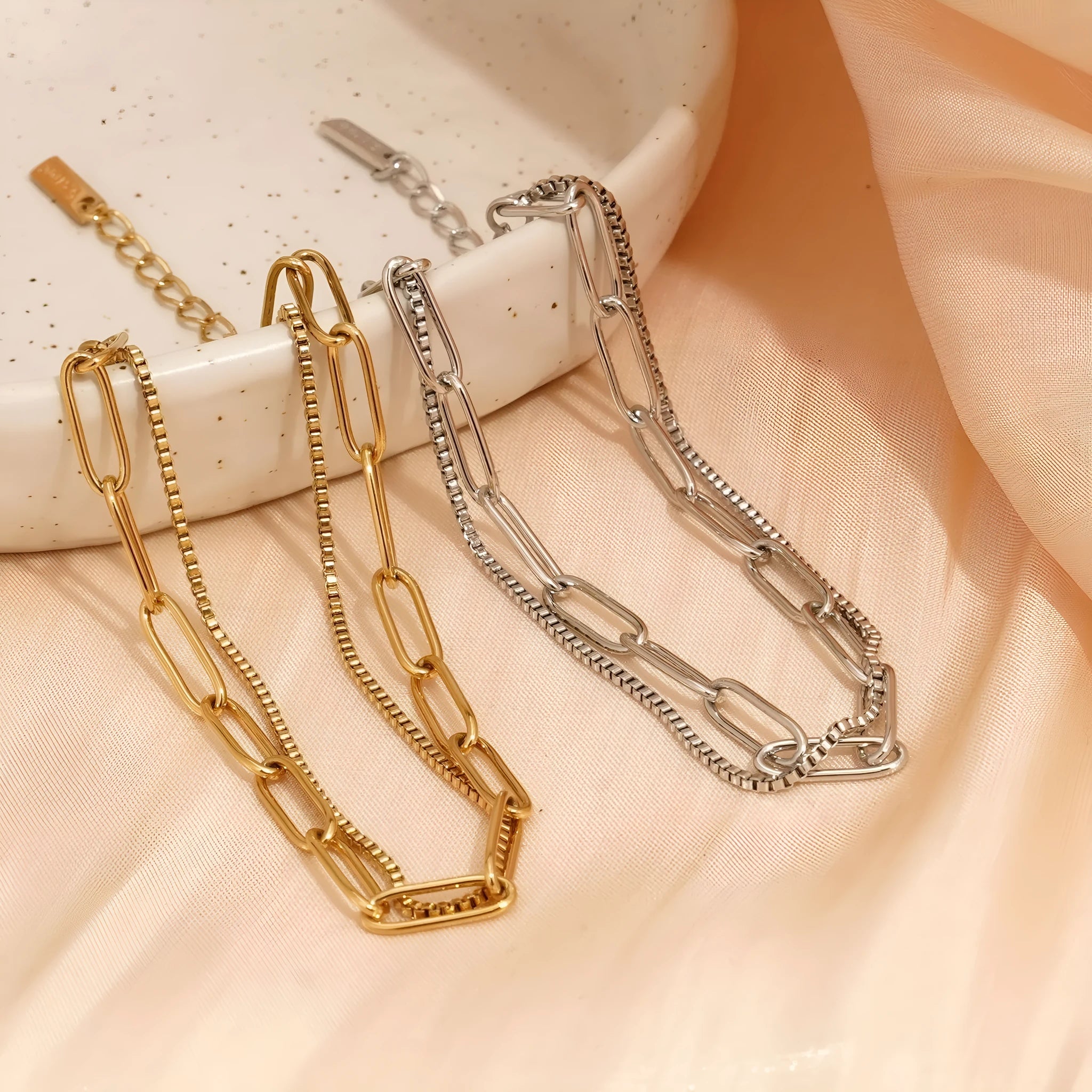 Women's double layer twin titanium steel bracelet with geometric line design in gold or silver