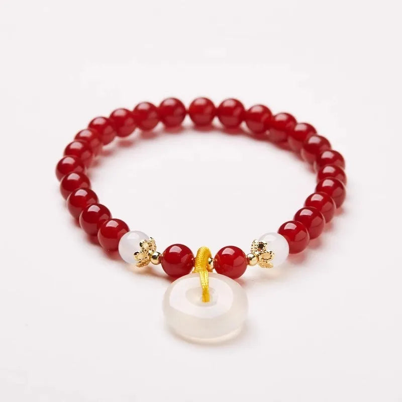 Natural jade and red agate bracelet with safety buckle clasp, Chinese-style handmade design