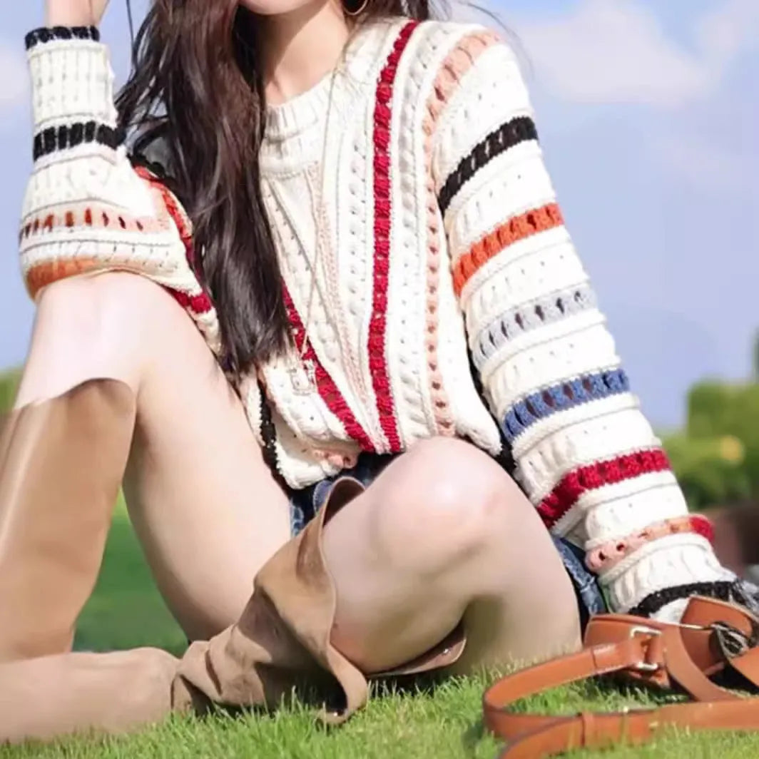 Women's retro rainbow striped hollow sweater with batwing sleeves and round neck