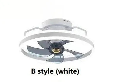 Modern ceiling fan light with light on, showing white PC blades and acrylic lampshade