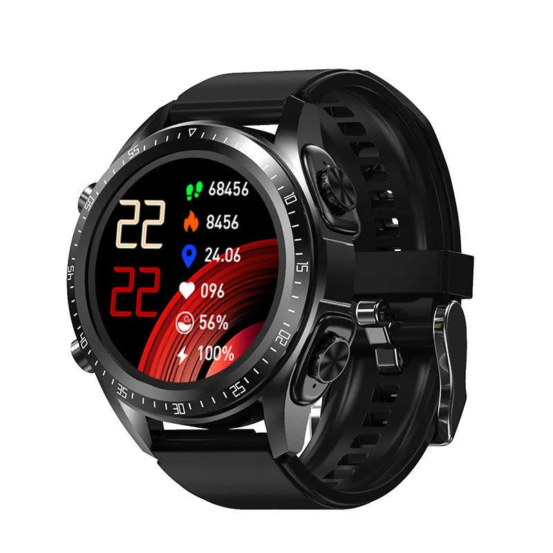 Black smart watch with blood pressure monitoring on a silicone strap, showing 1.28-inch touchscreen