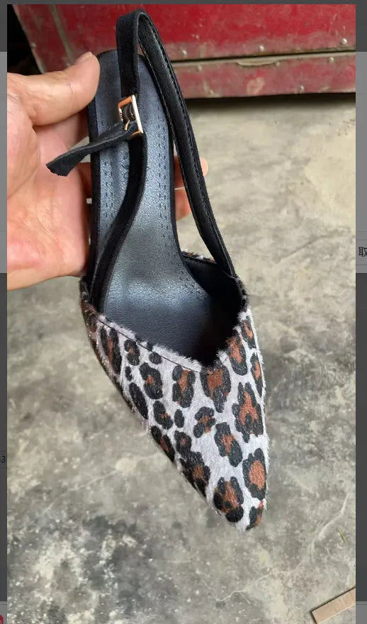 Women's pointed toe suede sandals with leopard print pattern, high heels available sizes 34-43