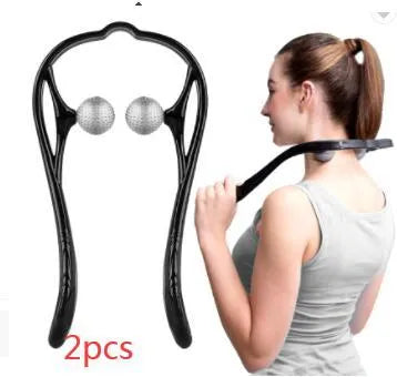 Plastic handheld neck and shoulder massager with adjustable width and roller head in pink, blue, and green colours.