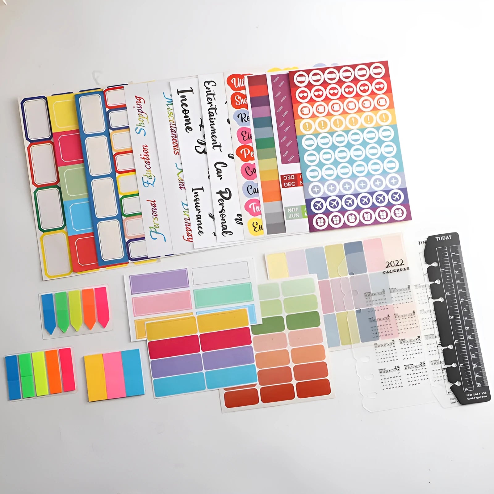 Handwritten label adhesive sticker collection showing multiple grid formats and colour options