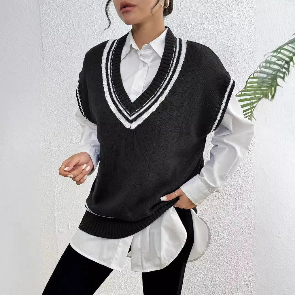 Women's casual acrylic vest sweater in loose fit with college-style design