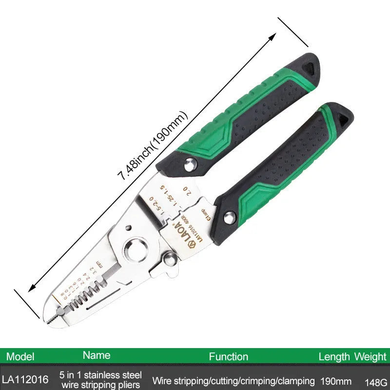 Stainless steel wire stripper tool with seven size markings and a two-colour handle.