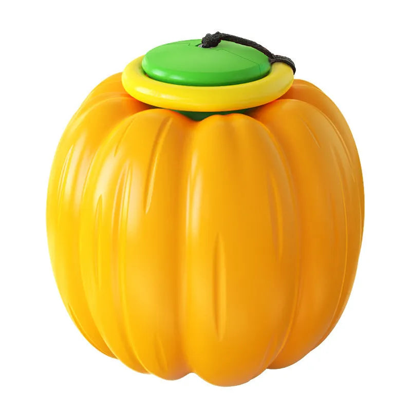 Green, orange, and yellow plastic pumpkin-shaped dog toy with squeaker for small dogs