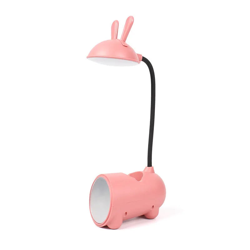 Cartoon-style USB desktop lamp with pen container in green, dark blue, or pink colour