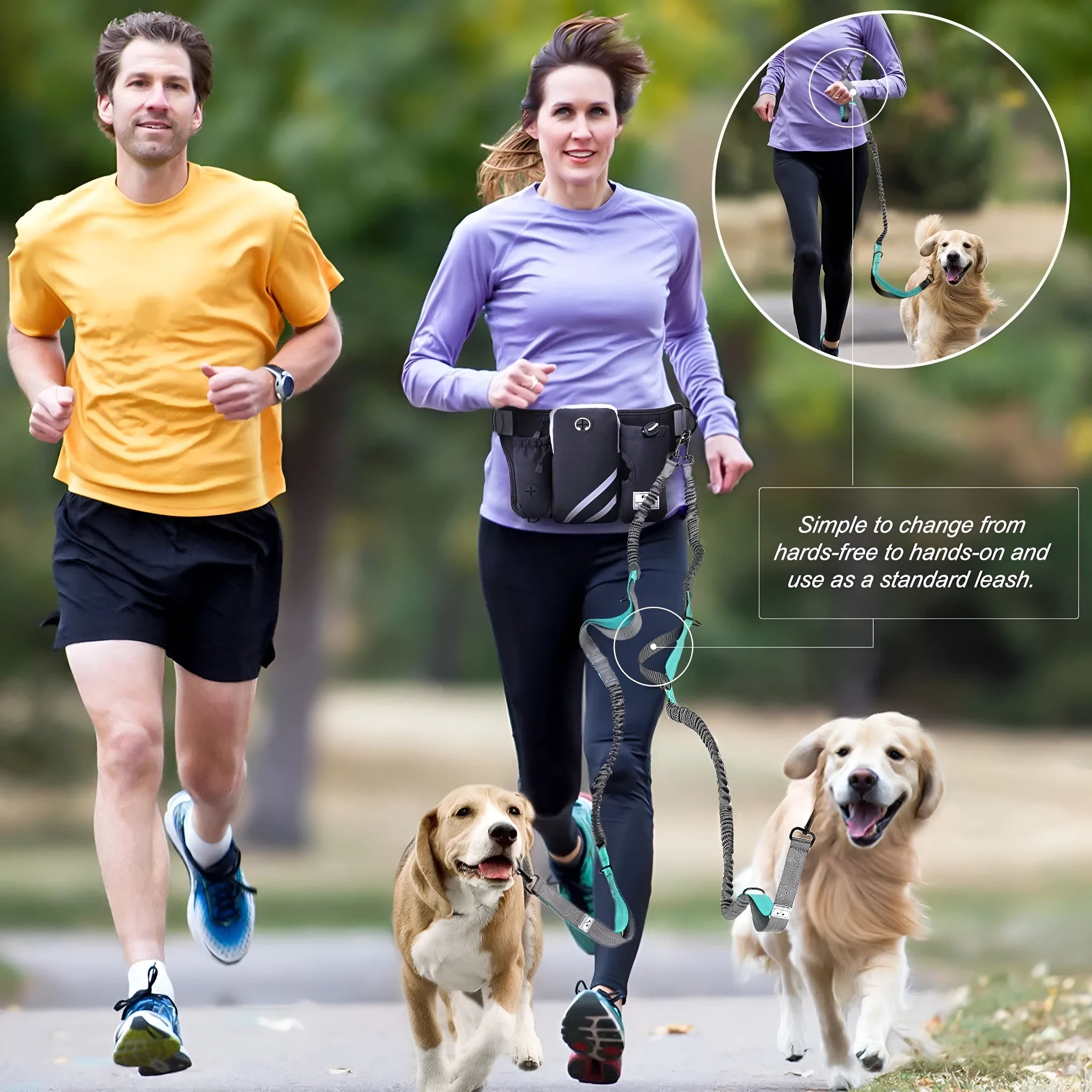 Black outdoor dog walking set with waist bag and leash combination for hands-free pet control