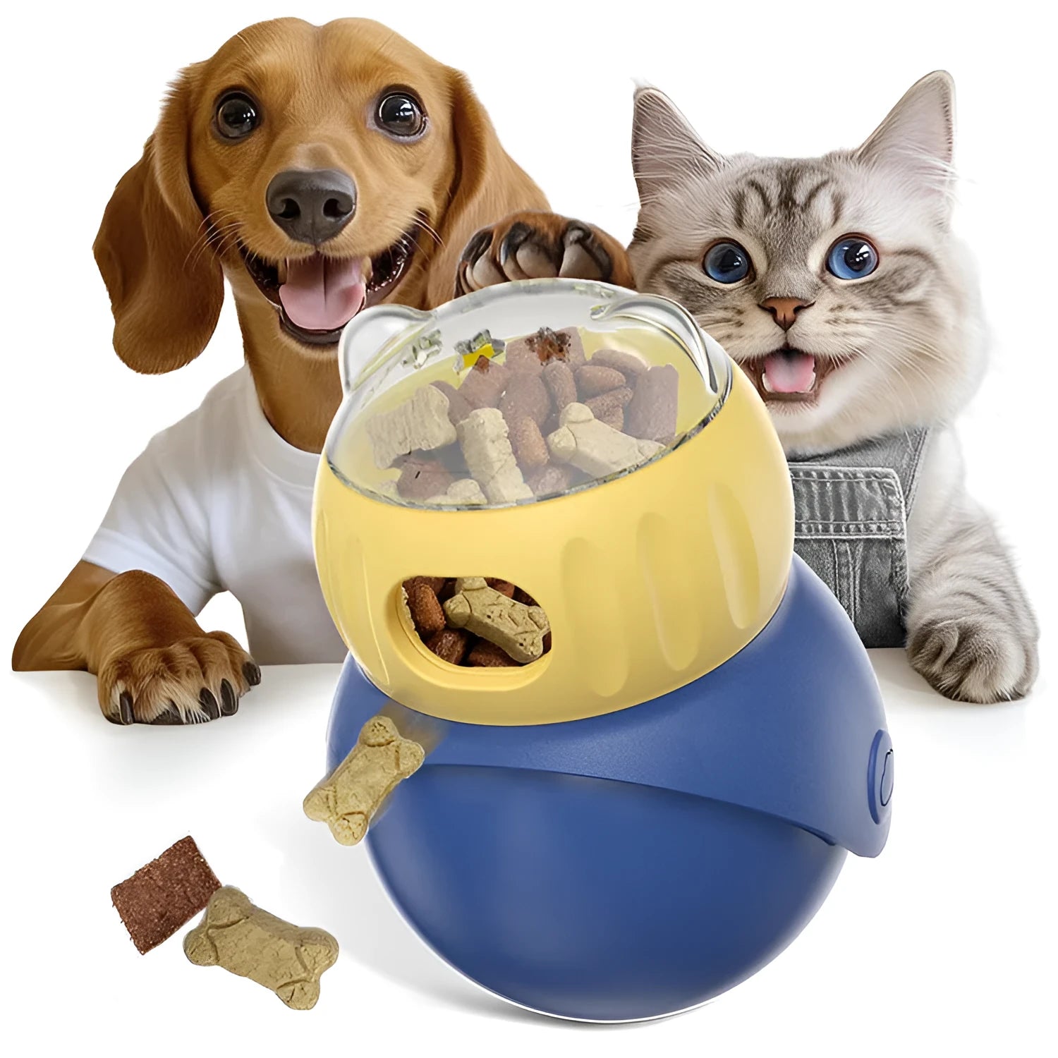 Owl-shaped self-service puzzle feeder toy for cats in Morandi yellow and blue colours.