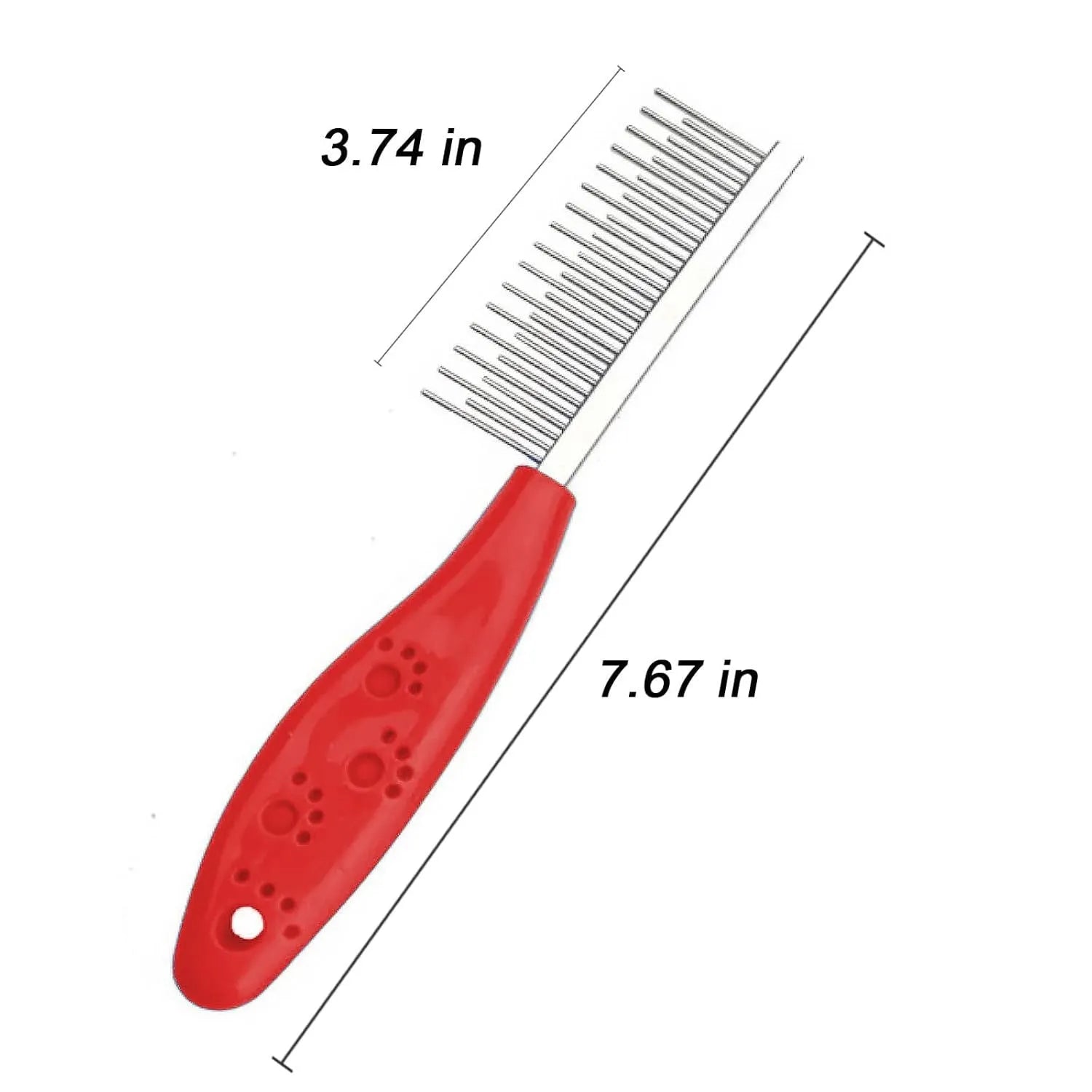 Red pet grooming comb with stainless steel long and short teeth on a plastic handle for dematting dogs and cats.