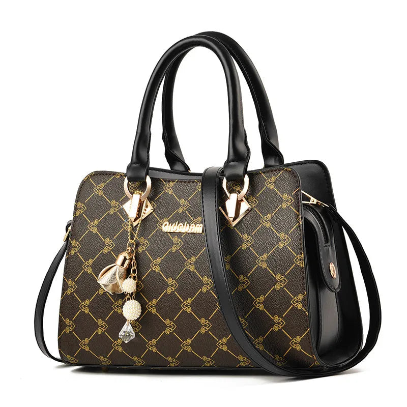 Women's PU leather messenger bag with geometric print pattern and crossbody strap
