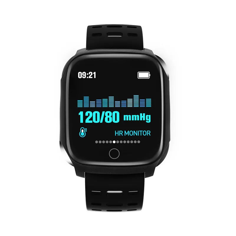 F16 smart watch with ECG monitor on black grey silicone wristband showing blood pressure display