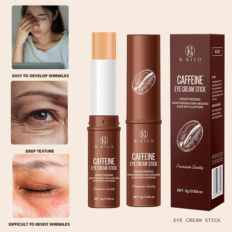 Caffeine eye cream stick in roll-on applicator for dark circles and fine lines, 3g size.
