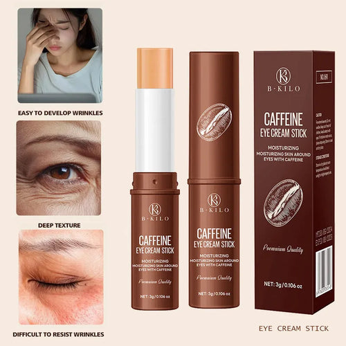 Caffeine eye cream stick in roll-on applicator for dark circles and fine lines, 3g size.