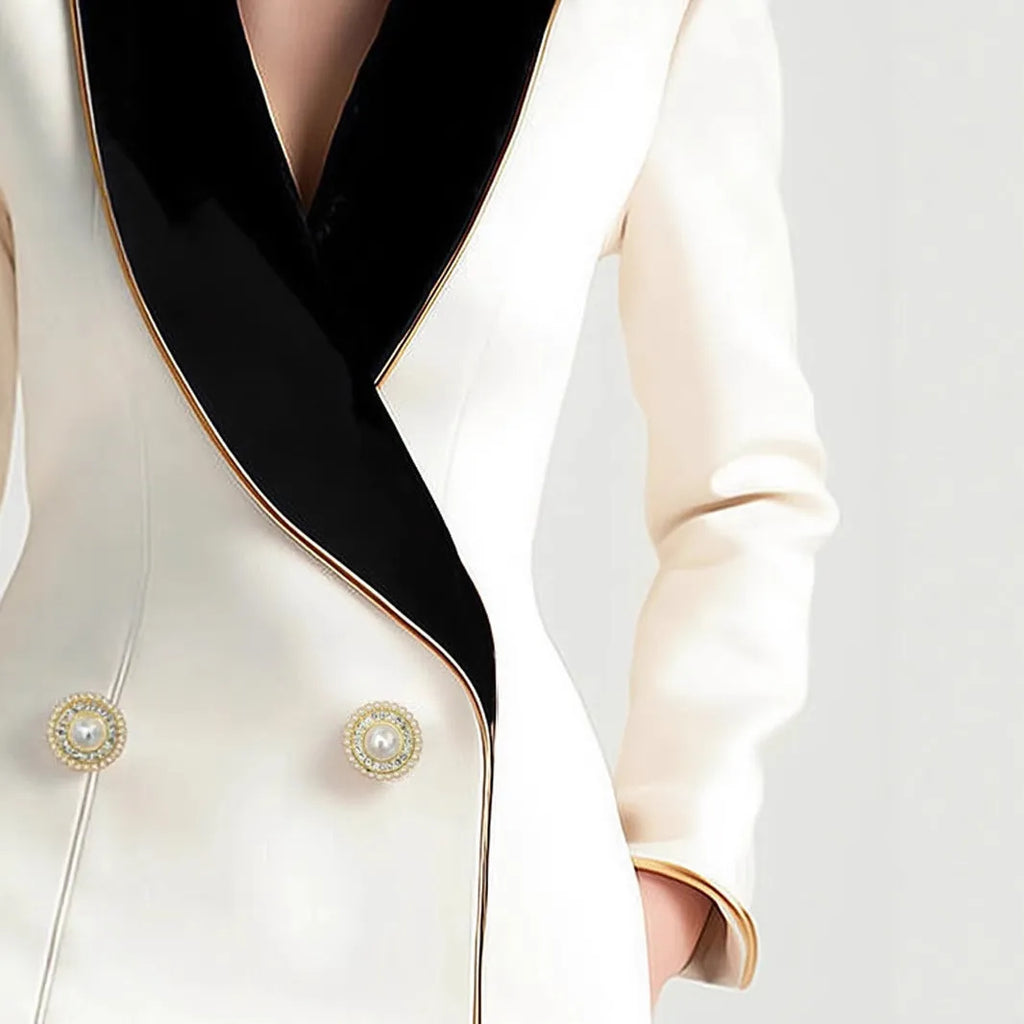 Women's milky white irregular cut coat with gold trim and pearl buttons