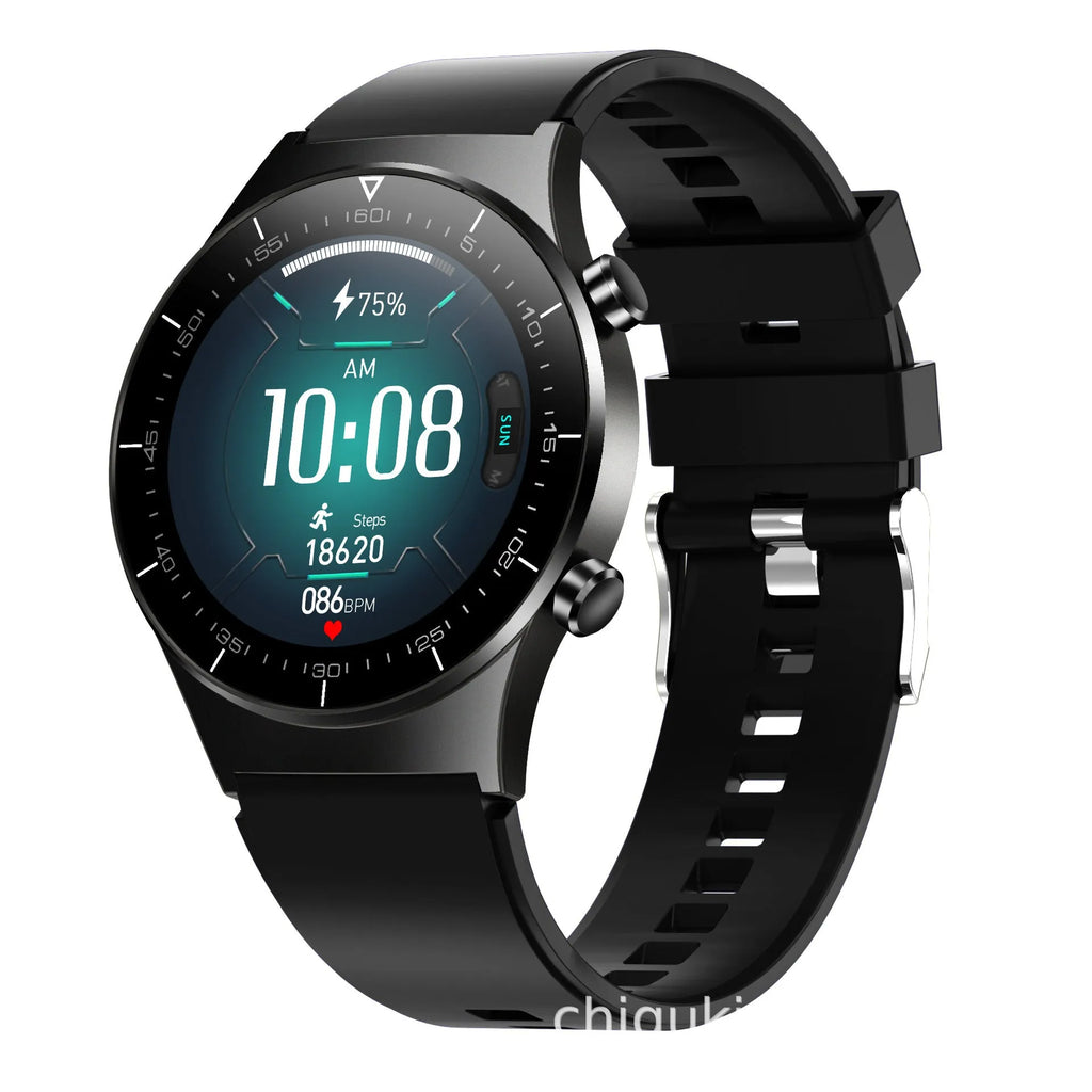 Black smart watch with astronaut bracelet on wrist, showing heart rate reading on 1.28-inch screen.