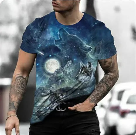 Man wearing a short-sleeved grey t-shirt with a retro 3D graphic print of a wild animal on the front.