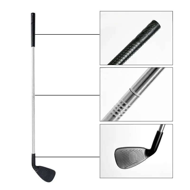 Metal golf club set showing adult and children's size options for outdoor practice