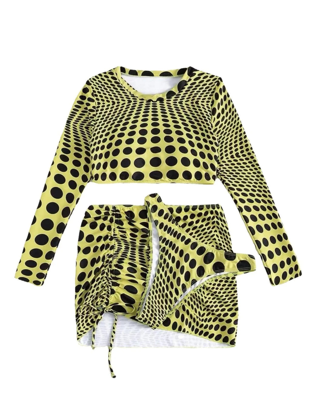Green and yellow polka dot women's swimsuit three-piece set with top, skirt, and bra.